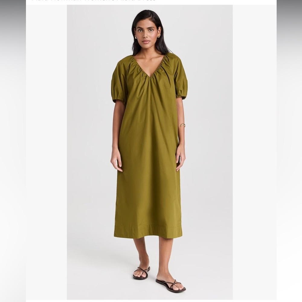 Mara Hoffman Olive Green V-Neck Puff Sleeve Midi Dress
